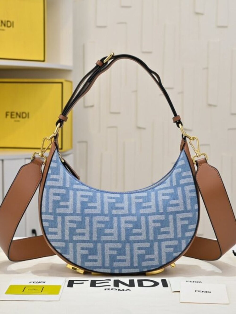 Fendi Fendigraphy FF Denim Leather Shoulder Bag